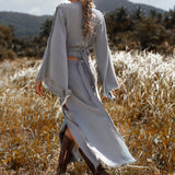 Sky Blue Maxi Skirt • Handmade Tassels Skirt • Open Sides Goddess Boho Skirt - AYA SW IDR