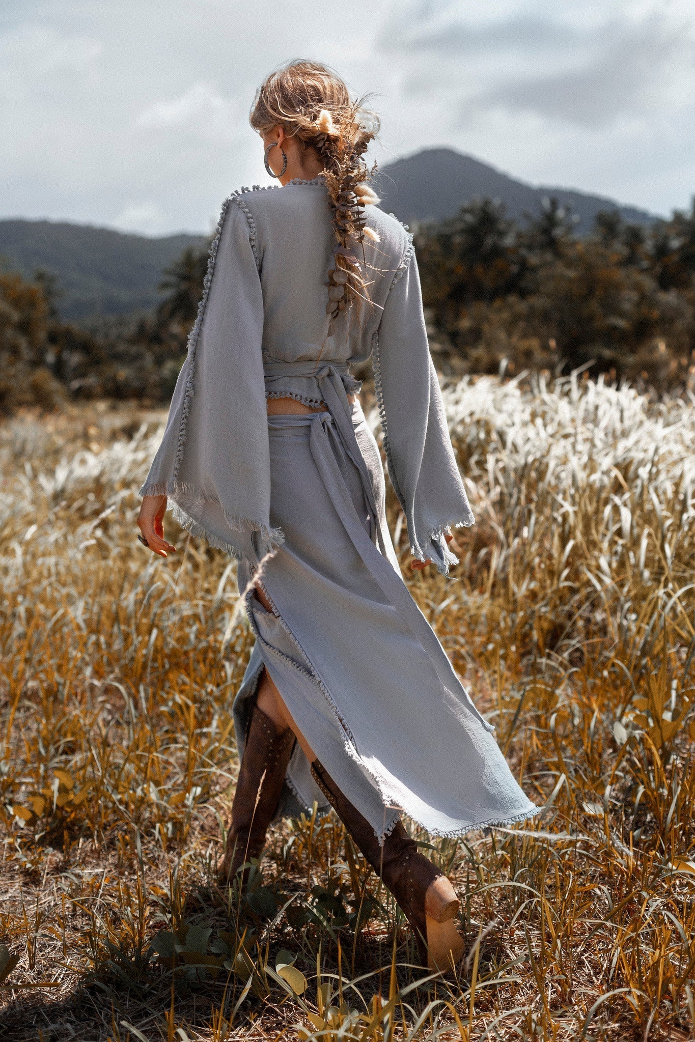 Sky Blue Maxi Skirt • Handmade Tassels Skirt • Open Sides Goddess Boho Skirt - AYA SW IDR