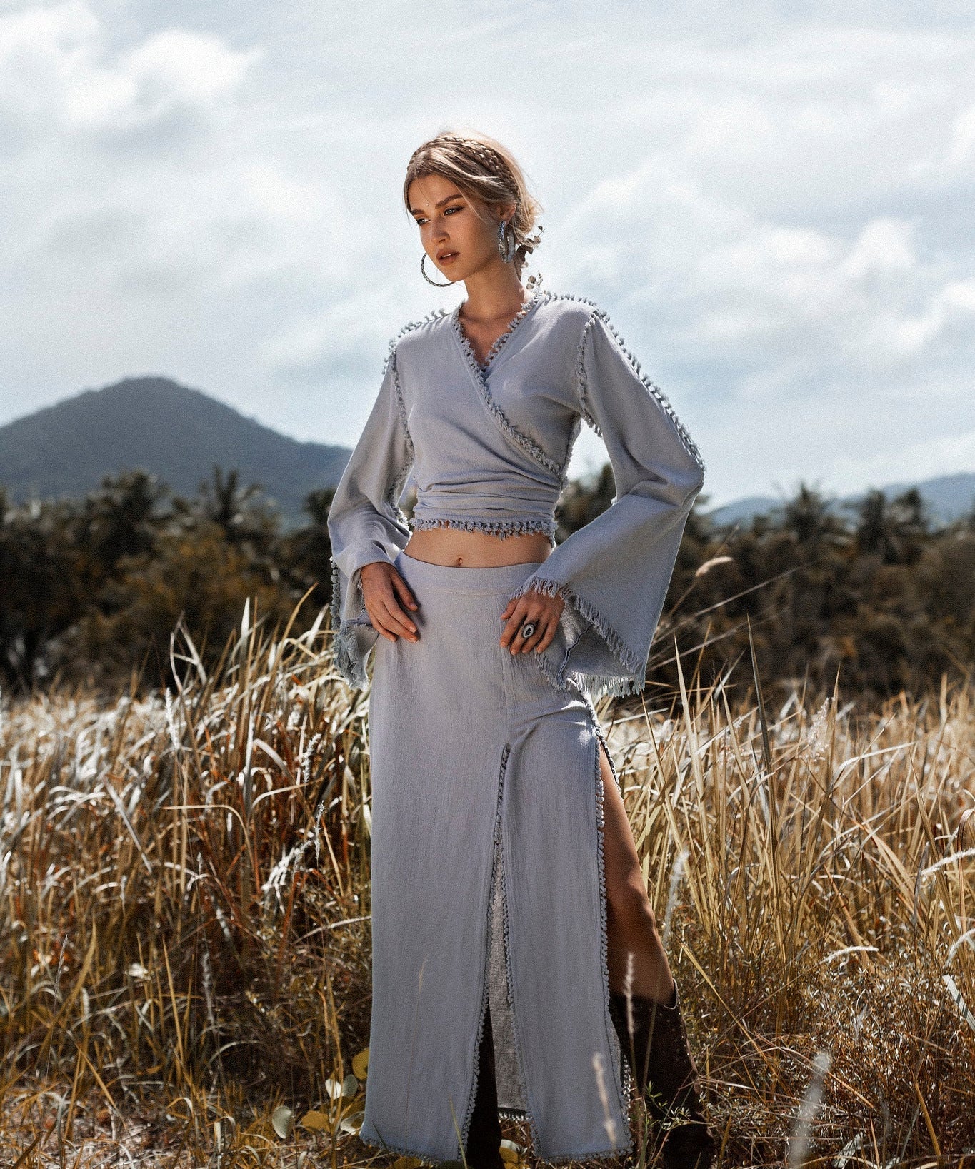 Sky Blue Maxi Skirt • Handmade Tassels Skirt • Open Sides Goddess Boho Skirt - AYA SW IDR
