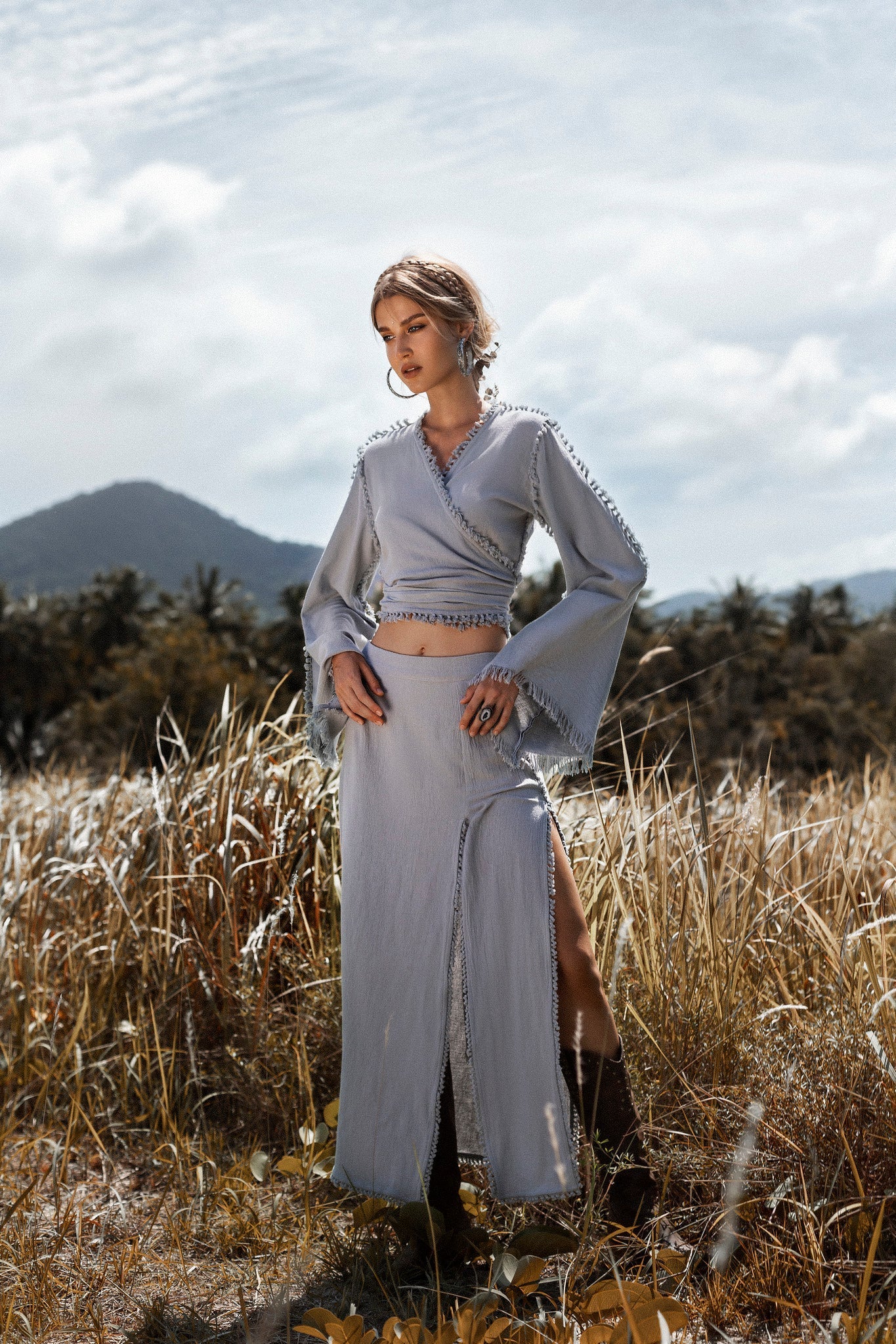 Sky Blue Maxi Skirt • Handmade Tassels Skirt • Open Sides Goddess Boho Skirt - AYA SW IDR