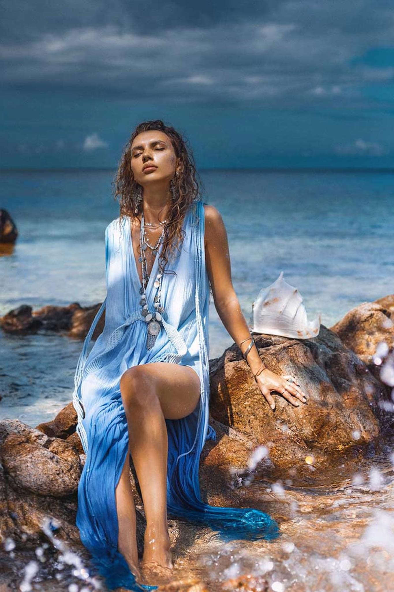 Sky Blue Ombre Dyed Dress • Boho Wedding Dress • Handmade Macrame Dress - AYA SW IDR