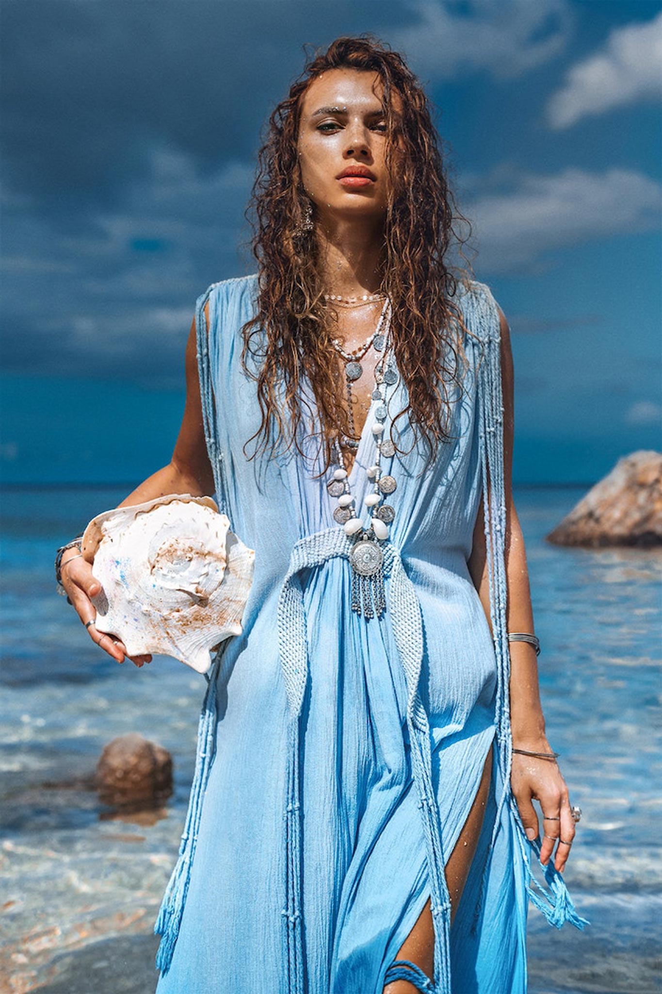 Sky Blue Ombre Dyed Dress • Boho Wedding Dress • Handmade Macrame Dress - AYA SW IDR