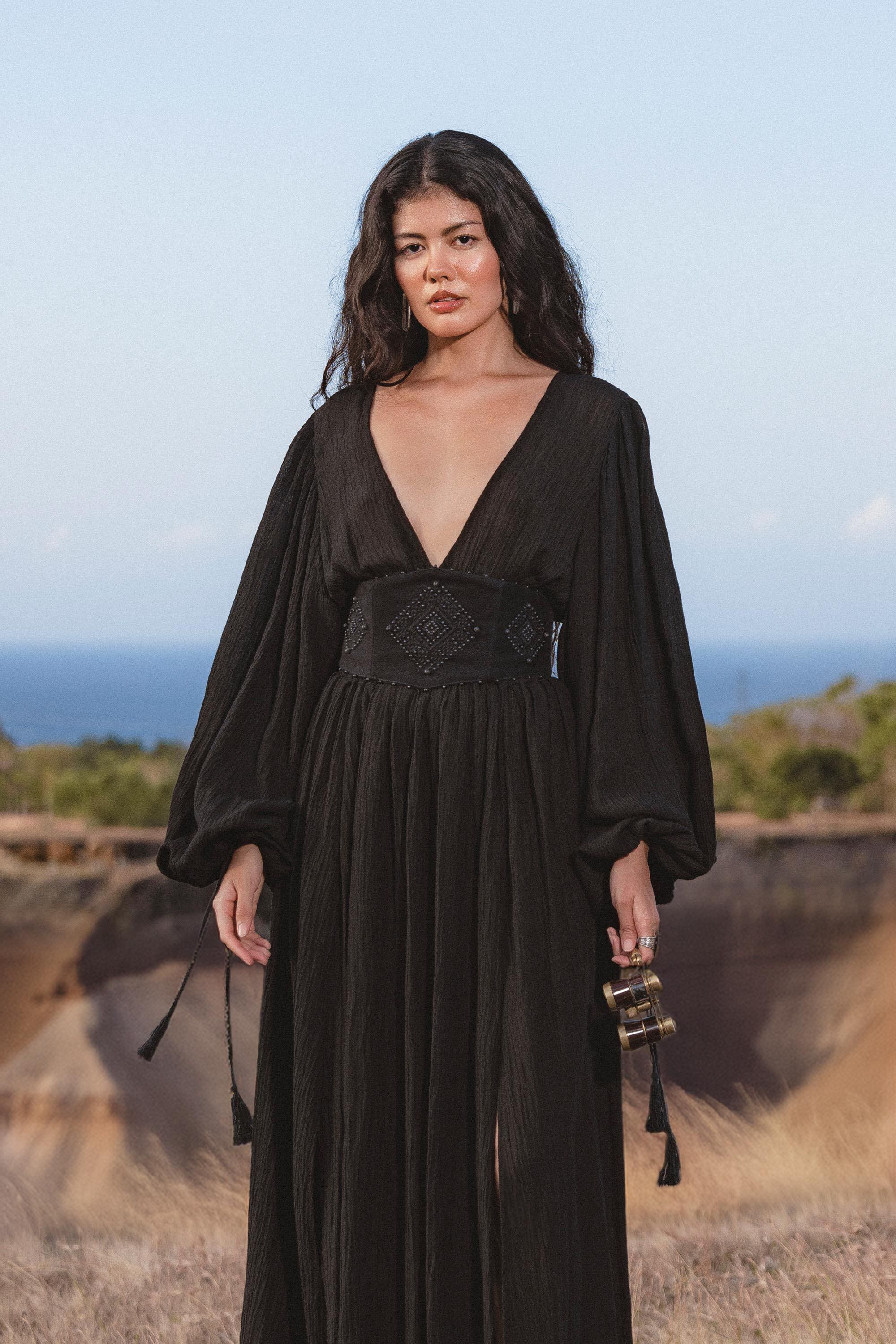 Tatva Dress Black Colour — Handmade V Front Back Kaftan - AYA SW IDR