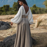 Tatva Dress Mocha, Botanical Dye Linen Cotton Maxi Kaftan, Sustainable Eco Boho Goddess Gown, Hand Embroidered Sacred Resort Wear - AYA SW IDR