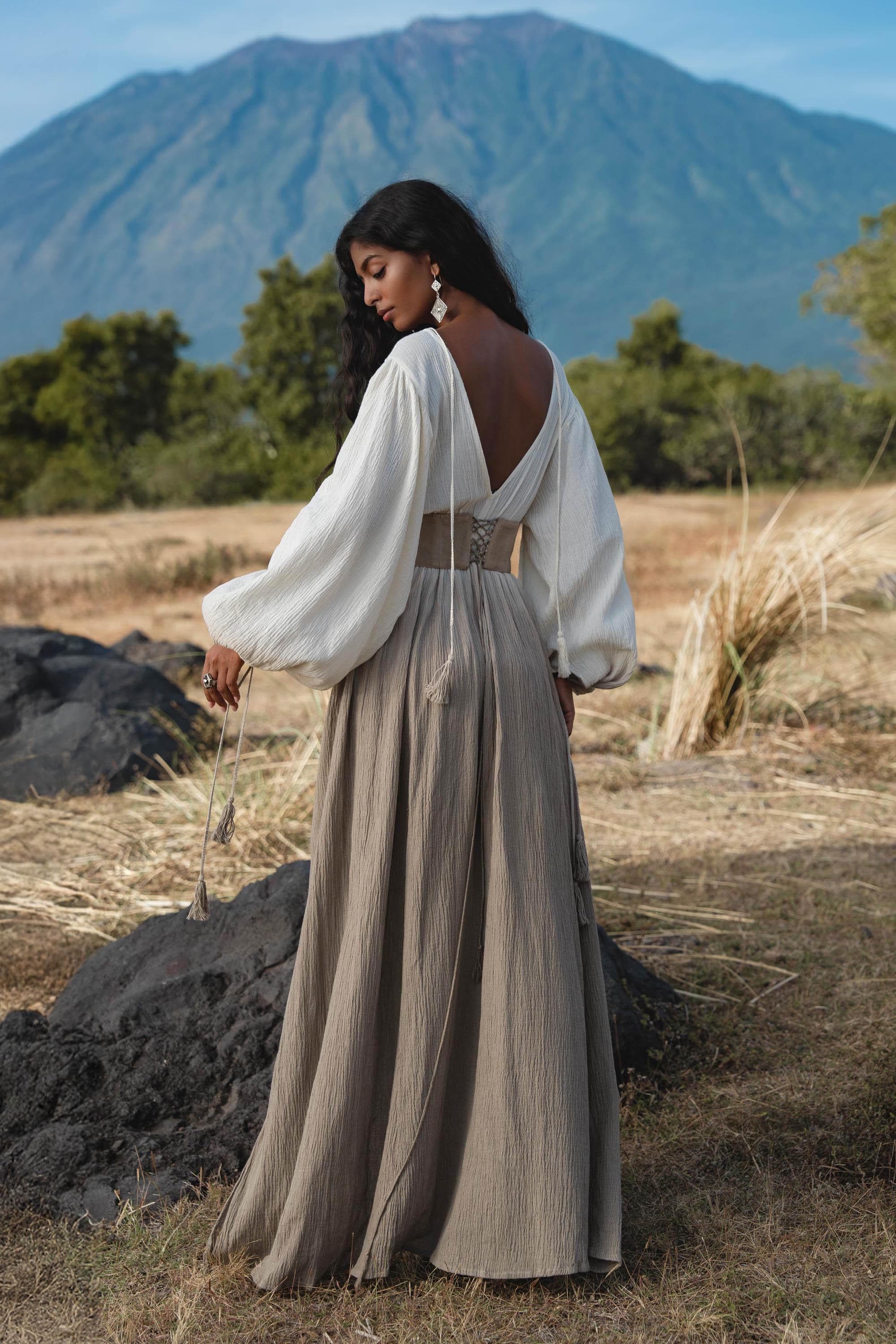 Tatva Dress Mocha, Botanical Dye Linen Cotton Maxi Kaftan, Sustainable Eco Boho Goddess Gown, Hand Embroidered Sacred Resort Wear - AYA SW IDR