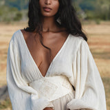 Tatva Dress Mocha, Botanical Dye Linen Cotton Maxi Kaftan, Sustainable Eco Boho Goddess Gown, Hand Embroidered Sacred Resort Wear - AYA SW IDR