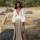 Tatva Dress Mocha, Botanical Dye Linen Cotton Maxi Kaftan, Sustainable Eco Boho Goddess Gown, Hand Embroidered Sacred Resort Wear - AYA SW IDR