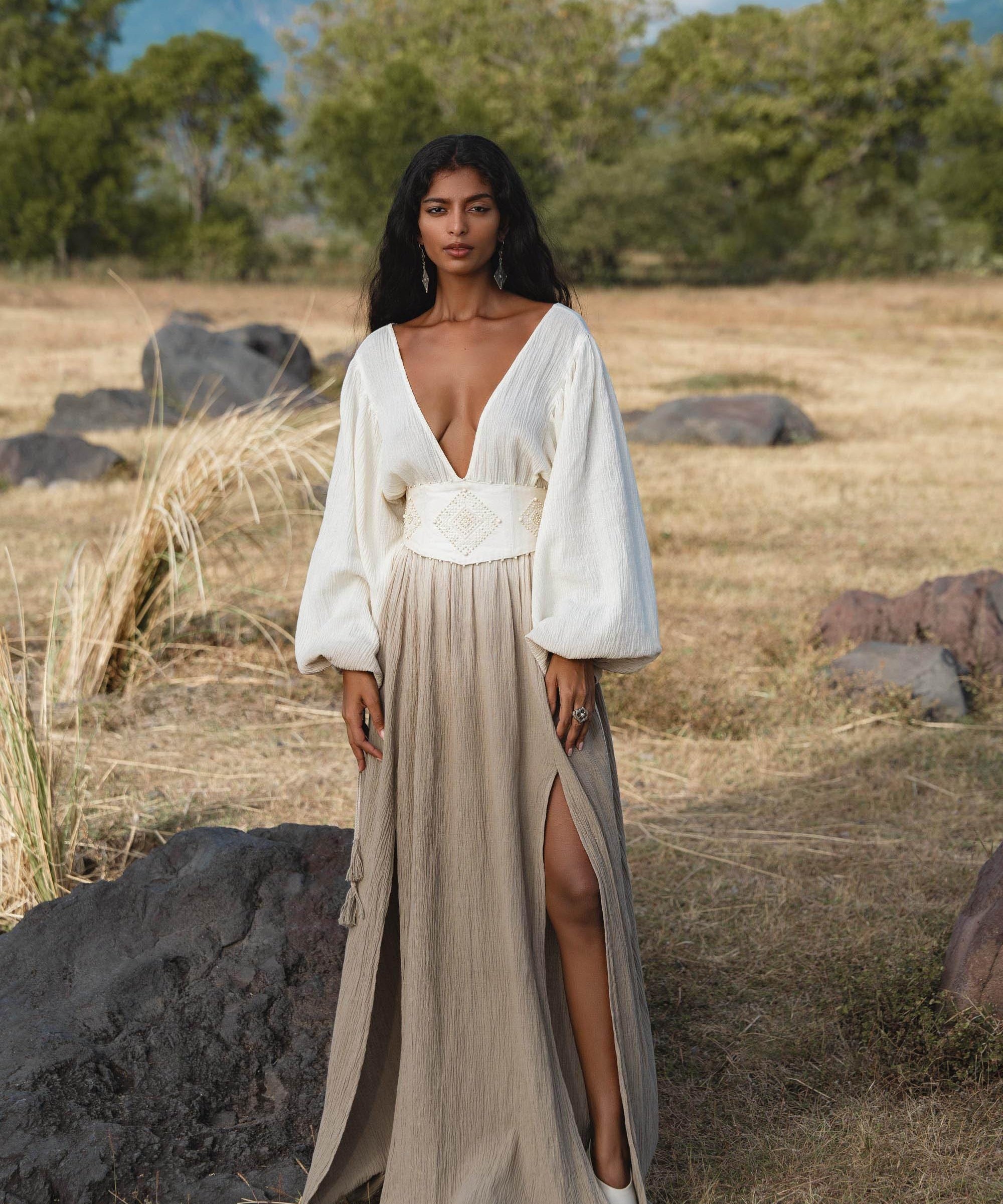 Tatva Dress Mocha, Botanical Dye Linen Cotton Maxi Kaftan, Sustainable Eco Boho Goddess Gown, Hand Embroidered Sacred Resort Wear - AYA SW IDR