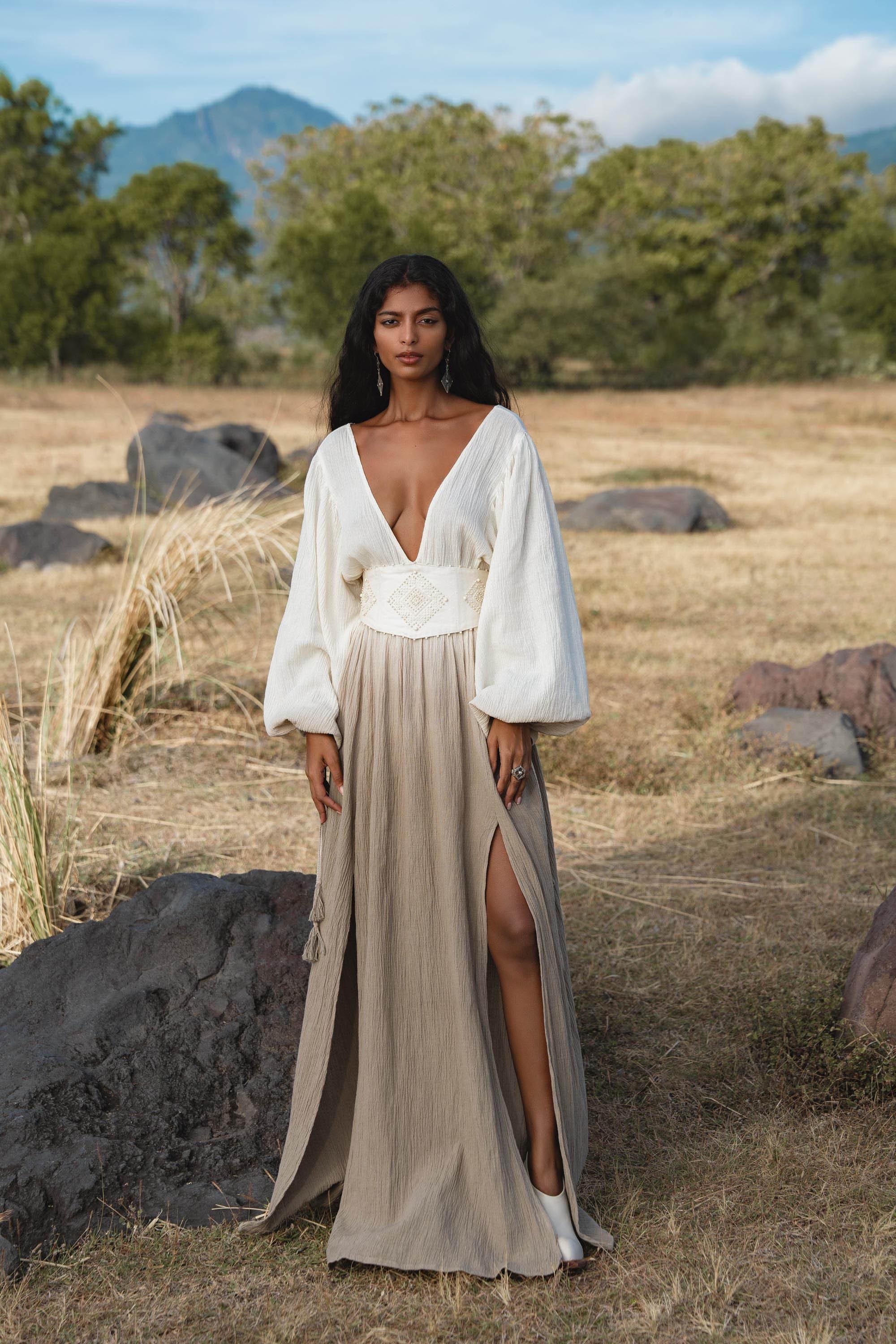 Tatva Dress Mocha, Botanical Dye Linen Cotton Maxi Kaftan, Sustainable Eco Boho Goddess Gown, Hand Embroidered Sacred Resort Wear - AYA SW IDR