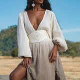 Tatva Dress Mocha, Botanical Dye Linen Cotton Maxi Kaftan, Sustainable Eco Boho Goddess Gown, Hand Embroidered Sacred Resort Wear - AYA SW IDR