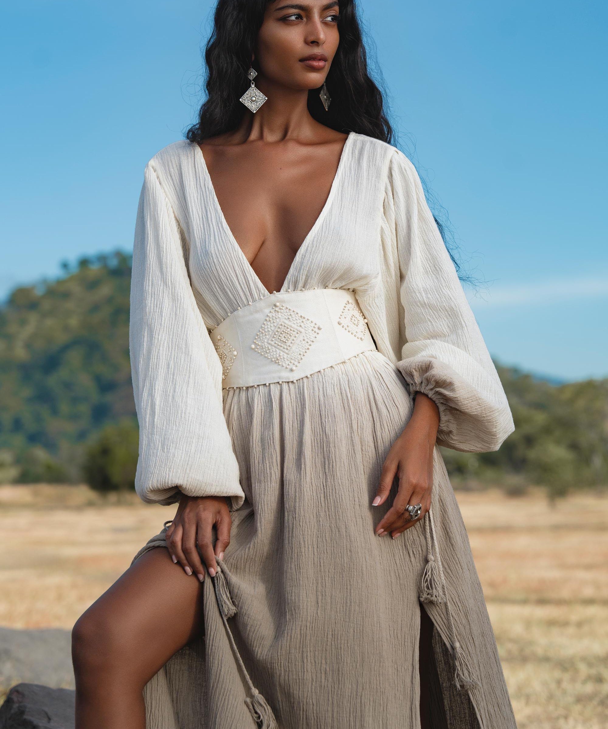 Tatva Dress Mocha, Botanical Dye Linen Cotton Maxi Kaftan, Sustainable Eco Boho Goddess Gown, Hand Embroidered Sacred Resort Wear - AYA SW IDR