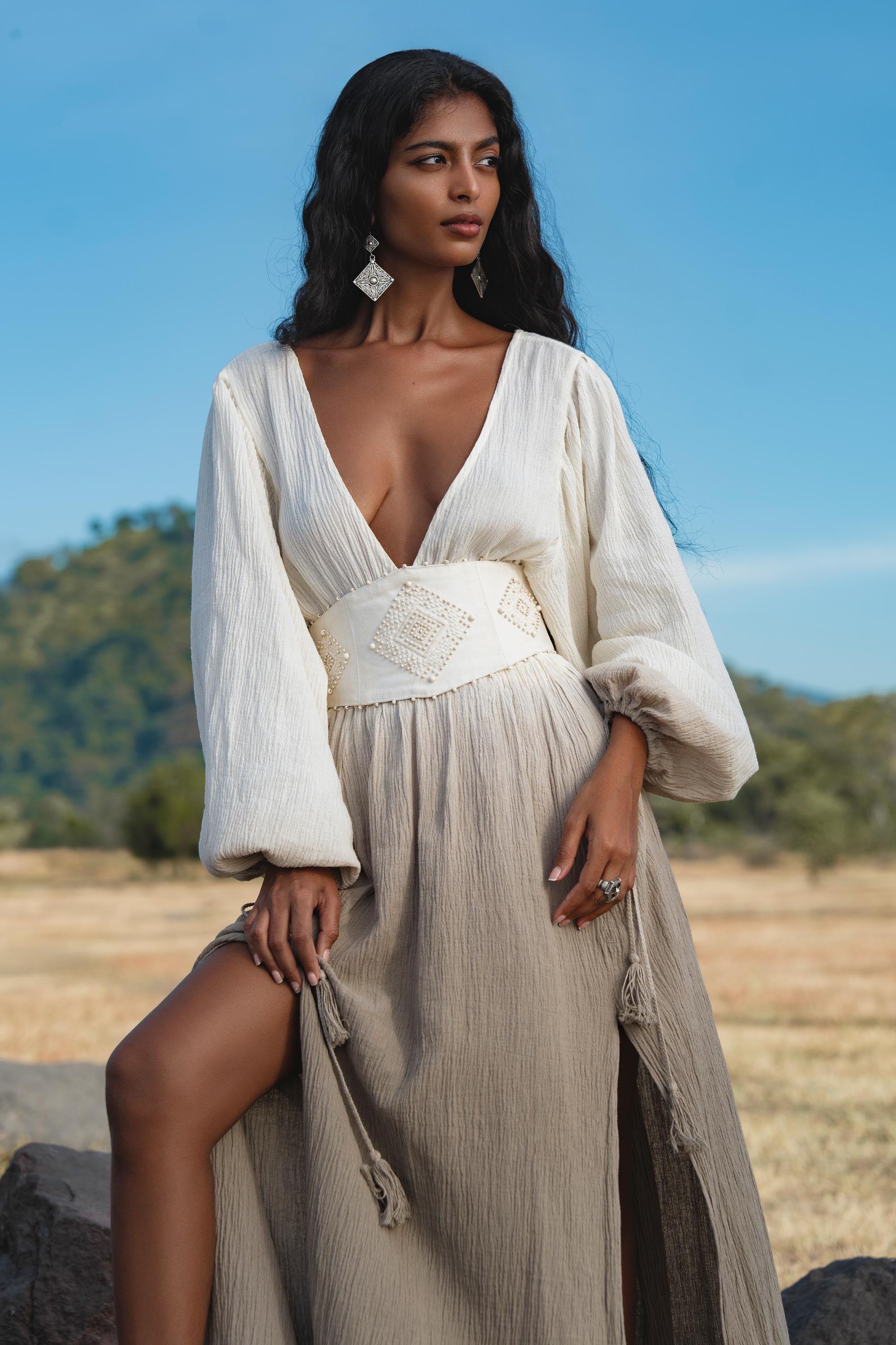 Tatva Dress Mocha, Botanical Dye Linen Cotton Maxi Kaftan, Sustainable Eco Boho Goddess Gown, Hand Embroidered Sacred Resort Wear - AYA SW IDR