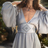 Tatva Sacred Kaftan Maxi Dress, Celestial Mist Blue, Botanically Dyed Linen Cotton, Boho V - Neck Hand Embroidered Natural Stone Belt - AYA SW IDR