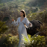 Tatva Sacred Kaftan Maxi Dress, Celestial Mist Blue, Botanically Dyed Linen Cotton, Boho V - Neck Hand Embroidered Natural Stone Belt - AYA SW IDR