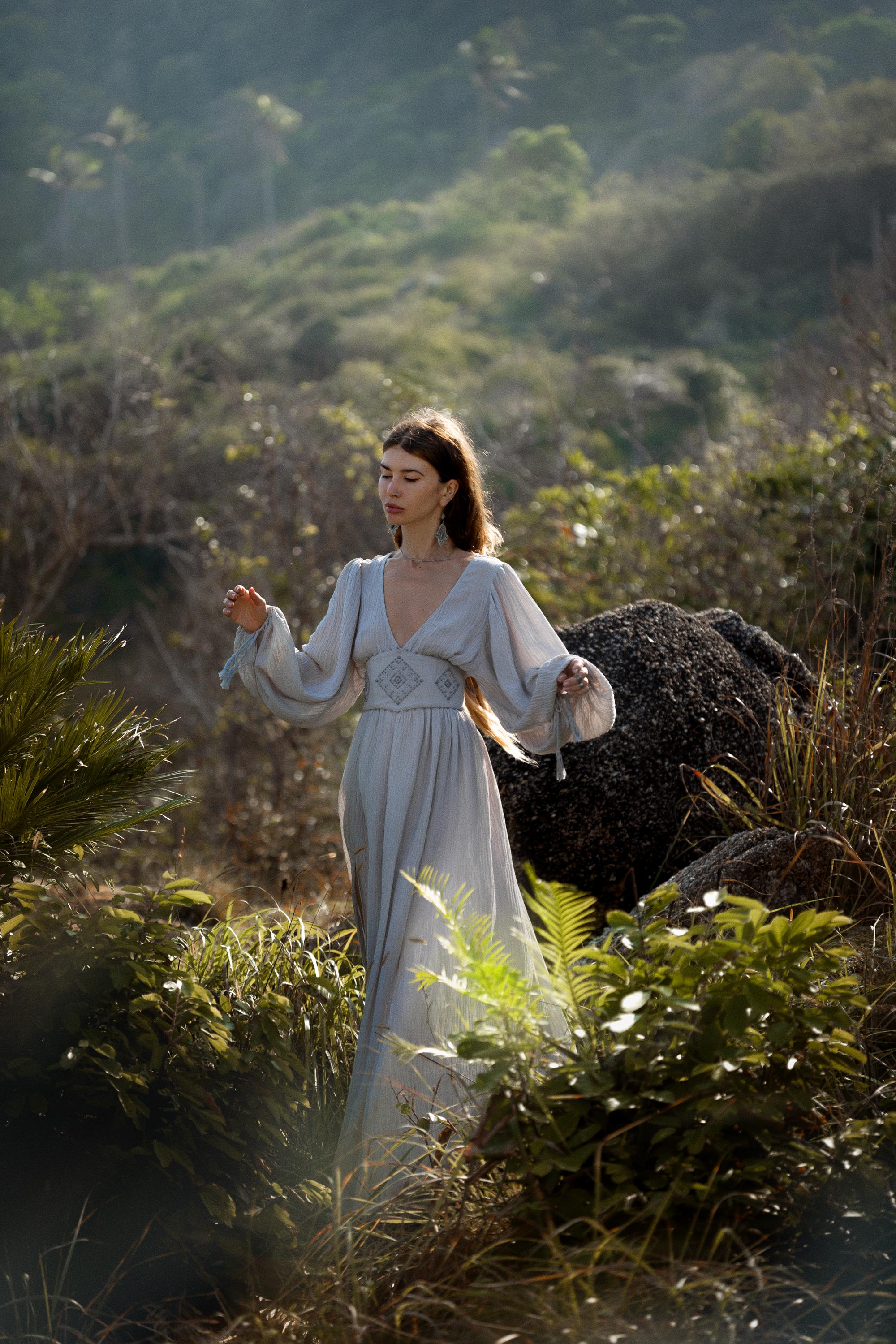 Tatva Sacred Kaftan Maxi Dress, Celestial Mist Blue, Botanically Dyed Linen Cotton, Boho V - Neck Hand Embroidered Natural Stone Belt - AYA SW IDR