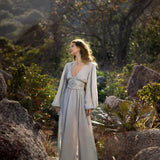 Tatva Sacred Kaftan Maxi Dress, Celestial Mist Blue, Botanically Dyed Linen Cotton, Boho V - Neck Hand Embroidered Natural Stone Belt - AYA SW IDR