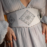 Tatva Sacred Kaftan Maxi Dress, Celestial Mist Blue, Botanically Dyed Linen Cotton, Boho V - Neck Hand Embroidered Natural Stone Belt - AYA SW IDR