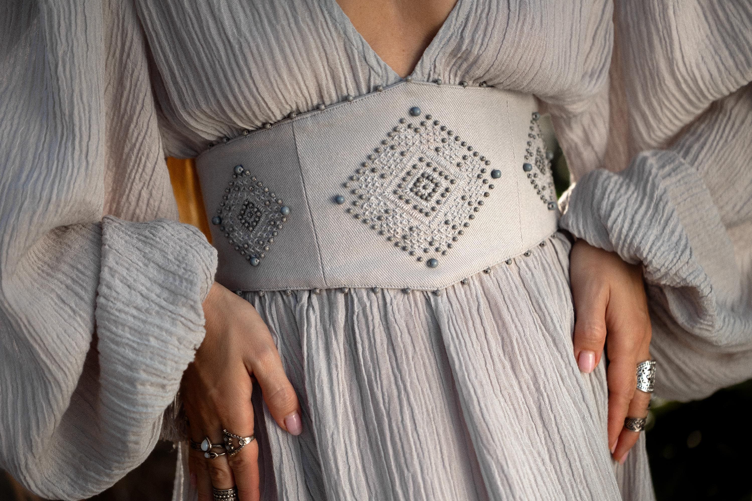 Tatva Sacred Kaftan Maxi Dress, Celestial Mist Blue, Botanically Dyed Linen Cotton, Boho V - Neck Hand Embroidered Natural Stone Belt - AYA SW IDR