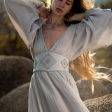 Tatva Sacred Kaftan Maxi Dress, Celestial Mist Blue, Botanically Dyed Linen Cotton, Boho V - Neck Hand Embroidered Natural Stone Belt - AYA SW IDR