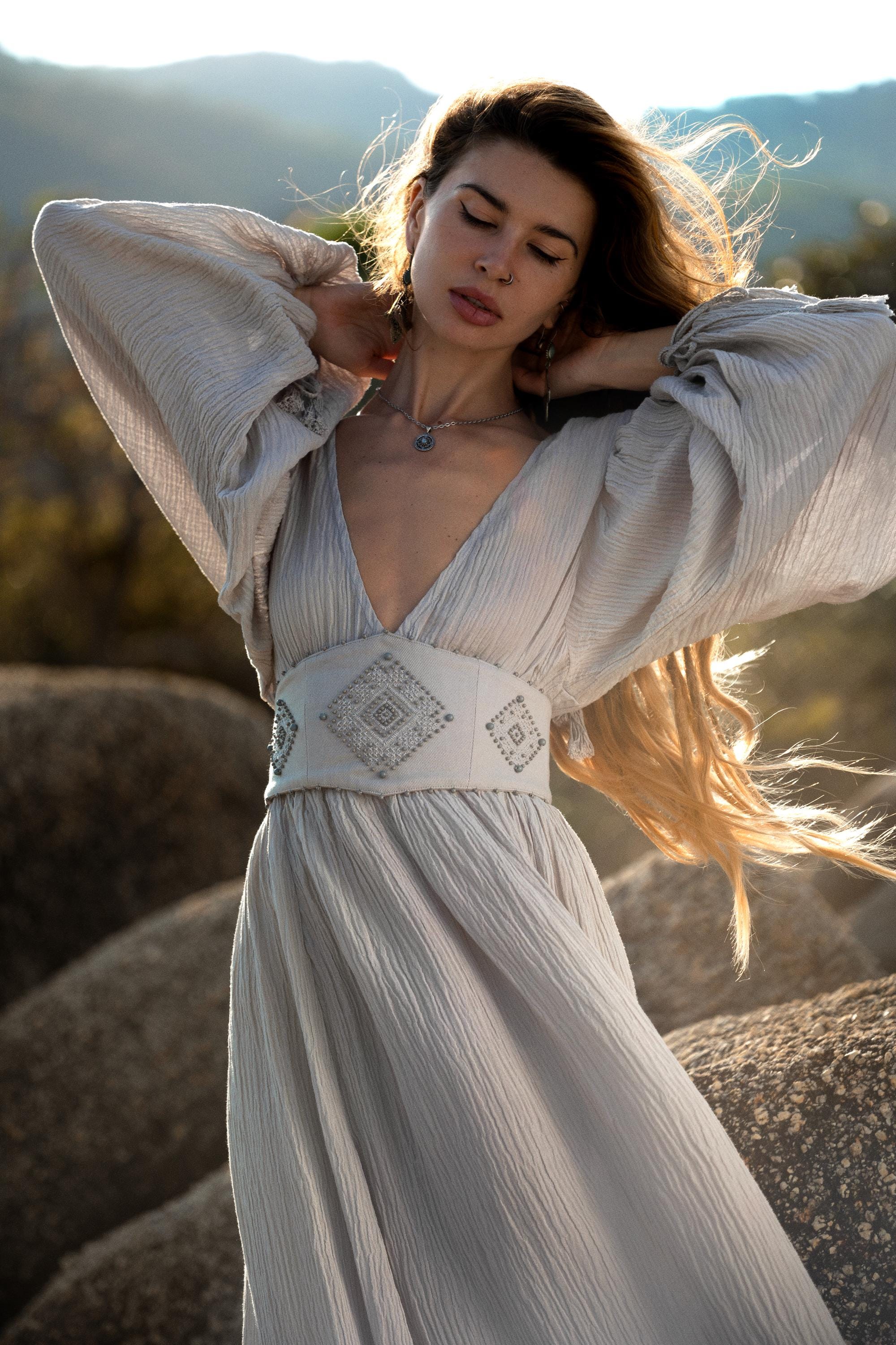 Tatva Sacred Kaftan Maxi Dress, Celestial Mist Blue, Botanically Dyed Linen Cotton, Boho V - Neck Hand Embroidered Natural Stone Belt - AYA SW IDR