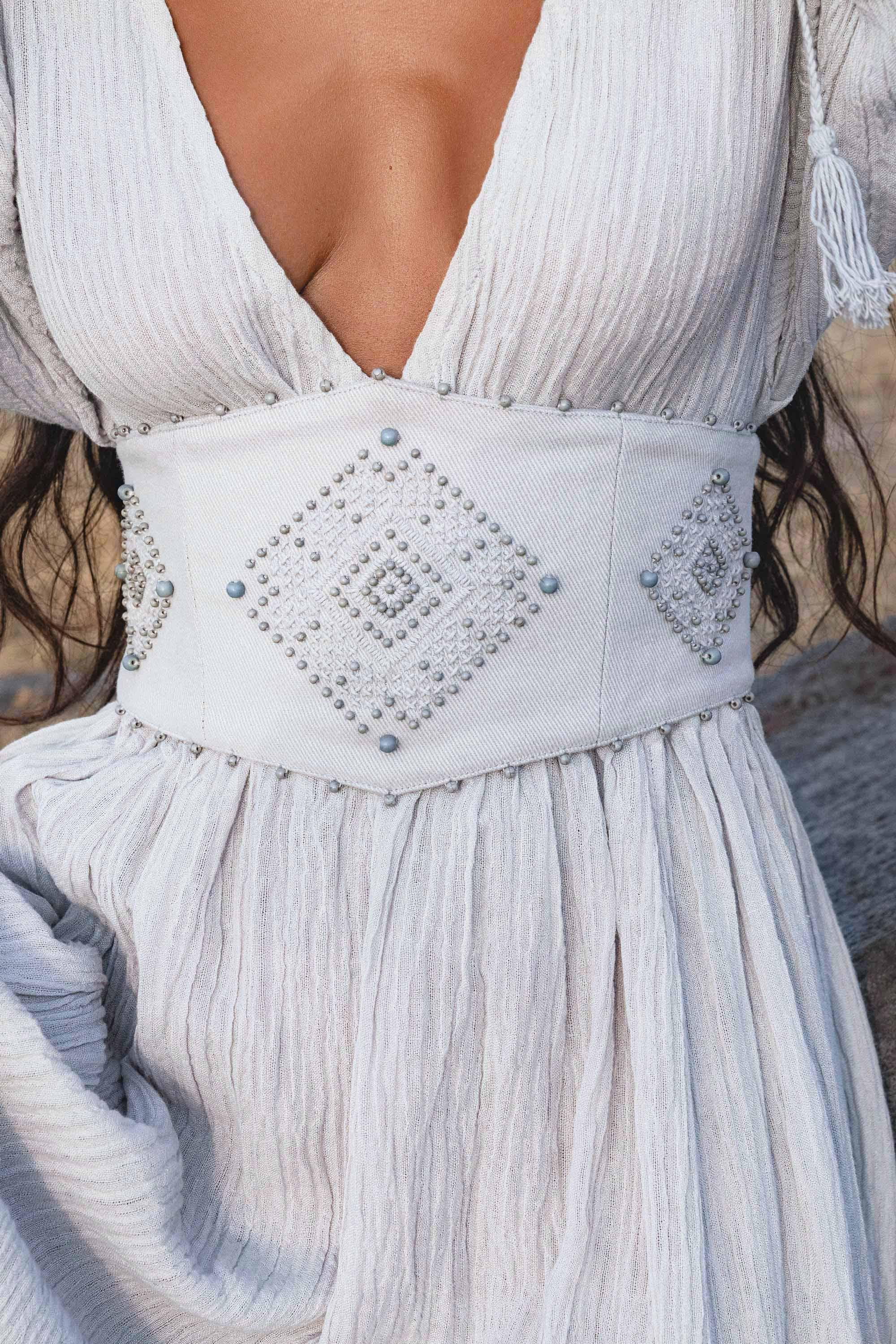 Tatva Sacred Kaftan Maxi Dress, Celestial Mist Blue, Botanically Dyed Linen Cotton, Boho V - Neck Hand Embroidered Natural Stone Belt - AYA SW IDR