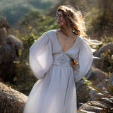 Tatva Sacred Kaftan Maxi Dress, Celestial Mist Blue, Botanically Dyed Linen Cotton, Boho V - Neck Hand Embroidered Natural Stone Belt - AYA SW IDR