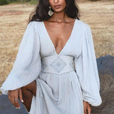 Tatva Sacred Kaftan Maxi Dress, Celestial Mist Blue, Botanically Dyed Linen Cotton, Boho V - Neck Hand Embroidered Natural Stone Belt - AYA SW IDR