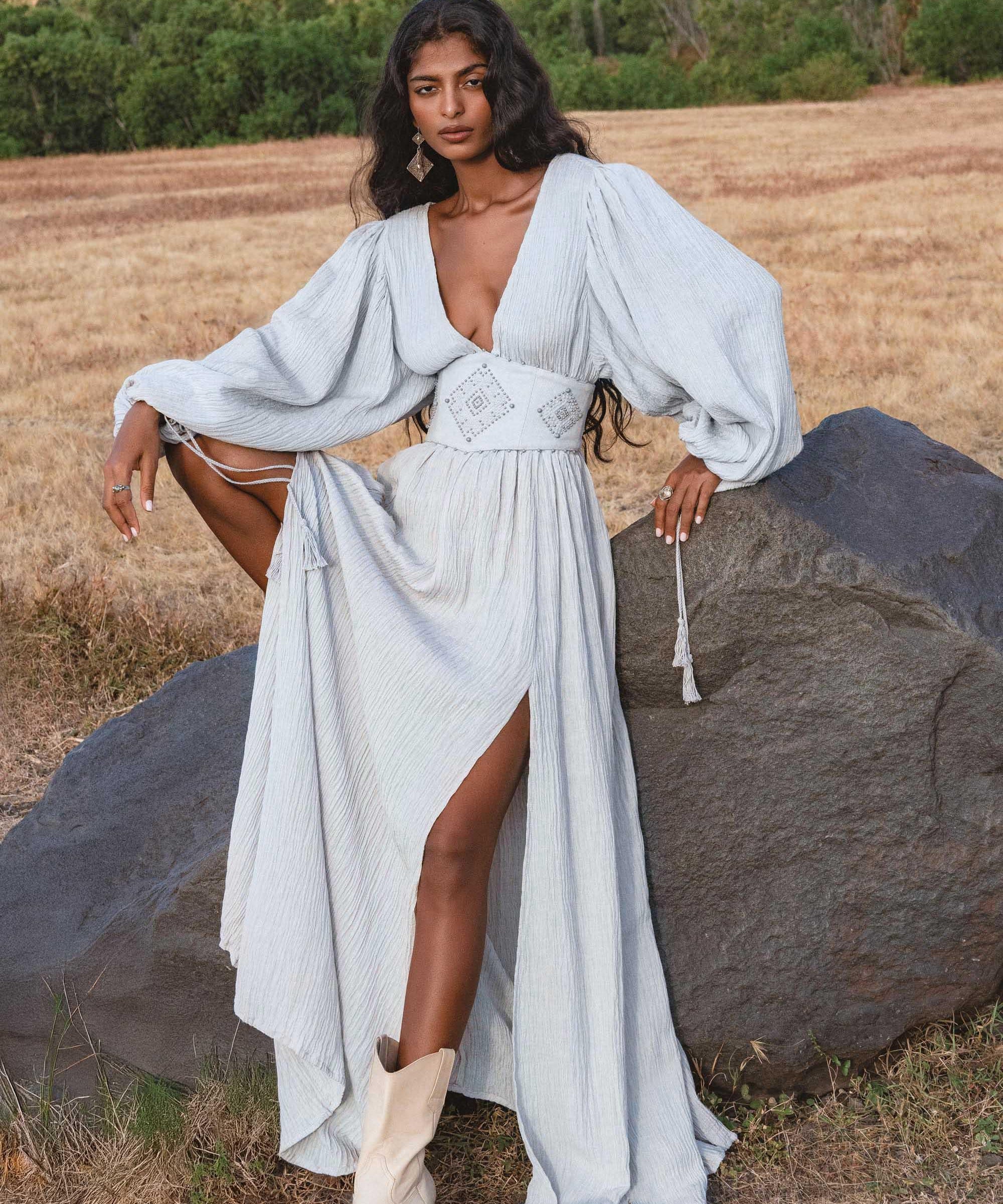 Tatva Sacred Kaftan Maxi Dress, Celestial Mist Blue, Botanically Dyed Linen Cotton, Boho V - Neck Hand Embroidered Natural Stone Belt - AYA SW IDR