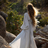 Tatva Sacred Kaftan Maxi Dress, Celestial Mist Blue, Botanically Dyed Linen Cotton, Boho V - Neck Hand Embroidered Natural Stone Belt - AYA SW IDR