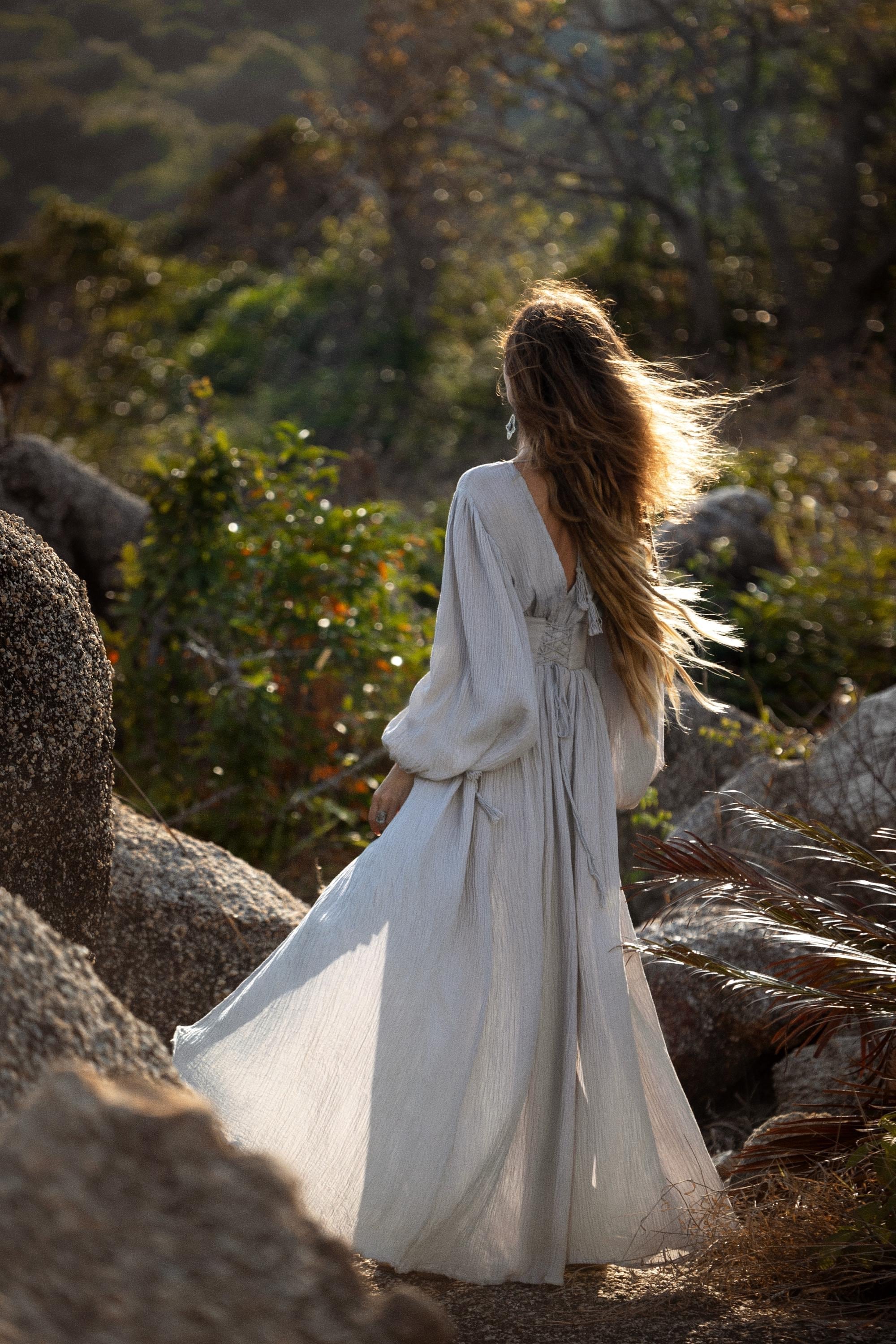 Tatva Sacred Kaftan Maxi Dress, Celestial Mist Blue, Botanically Dyed Linen Cotton, Boho V - Neck Hand Embroidered Natural Stone Belt - AYA SW IDR