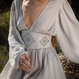 Tatva Sacred Kaftan Maxi Dress, Celestial Mist Blue, Botanically Dyed Linen Cotton, Boho V - Neck Hand Embroidered Natural Stone Belt - AYA SW IDR