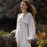 Tatva Sacred Kaftan Maxi Dress, Celestial Mist Blue, Botanically Dyed Linen Cotton, Boho V - Neck Hand Embroidered Natural Stone Belt - AYA SW IDR