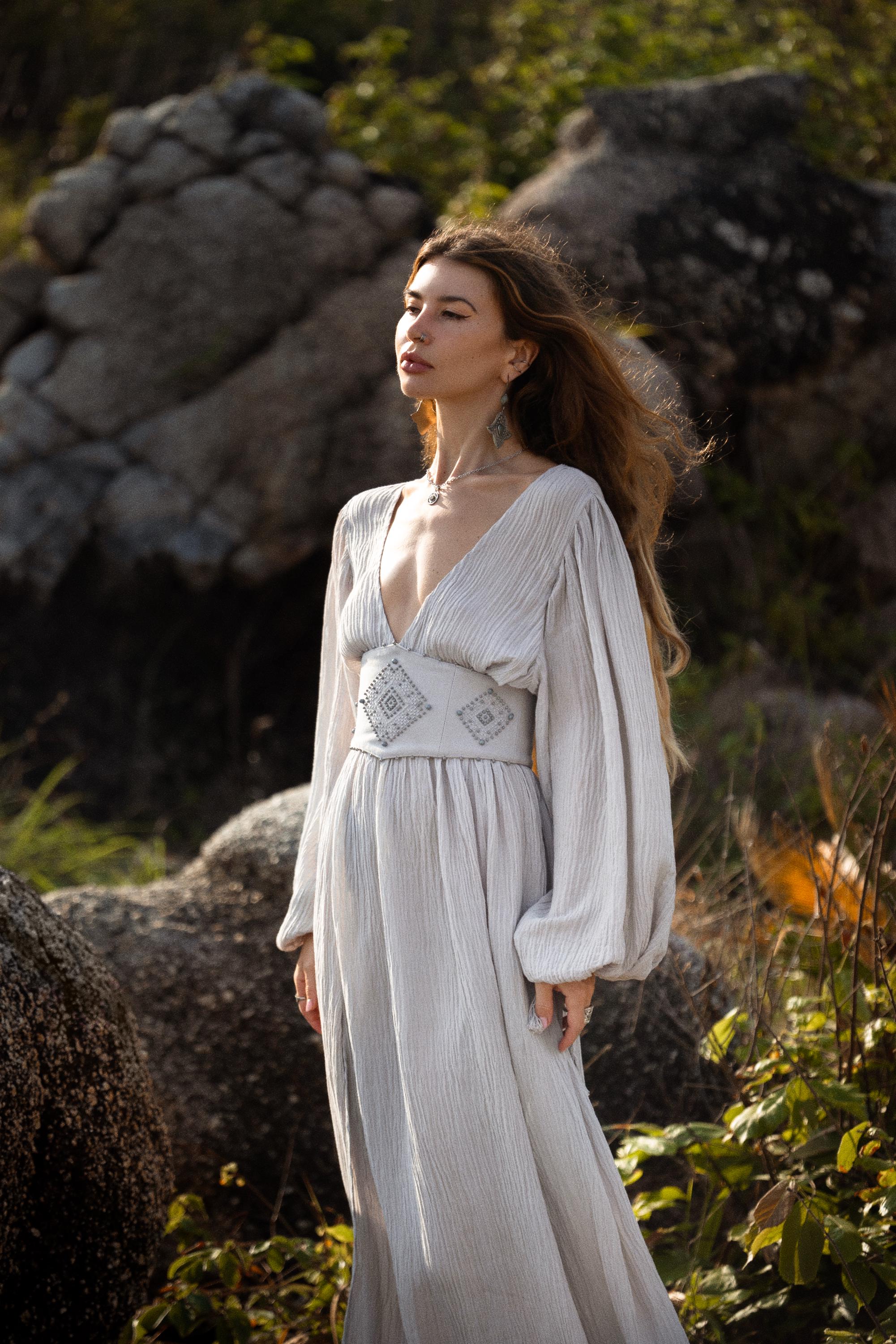 Tatva Sacred Kaftan Maxi Dress, Celestial Mist Blue, Botanically Dyed Linen Cotton, Boho V - Neck Hand Embroidered Natural Stone Belt - AYA SW IDR