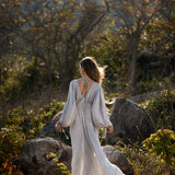 Tatva Sacred Kaftan Maxi Dress, Celestial Mist Blue, Botanically Dyed Linen Cotton, Boho V - Neck Hand Embroidered Natural Stone Belt - AYA SW IDR