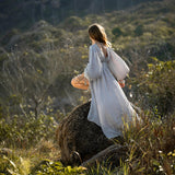 Tatva Sacred Kaftan Maxi Dress, Celestial Mist Blue, Botanically Dyed Linen Cotton, Boho V - Neck Hand Embroidered Natural Stone Belt - AYA SW IDR