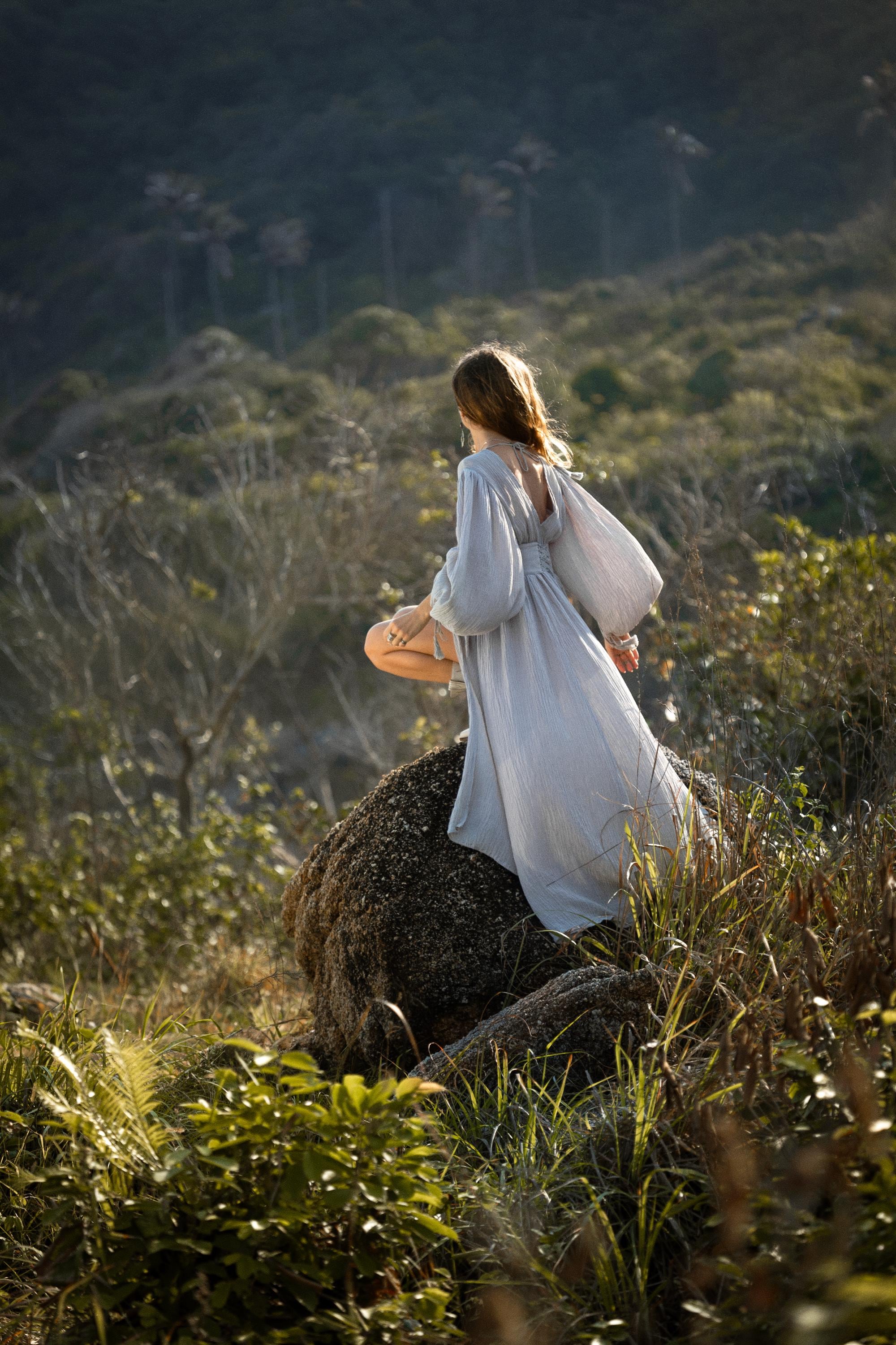Tatva Sacred Kaftan Maxi Dress, Celestial Mist Blue, Botanically Dyed Linen Cotton, Boho V - Neck Hand Embroidered Natural Stone Belt - AYA SW IDR