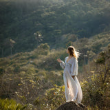 Tatva Sacred Kaftan Maxi Dress, Celestial Mist Blue, Botanically Dyed Linen Cotton, Boho V - Neck Hand Embroidered Natural Stone Belt - AYA SW IDR