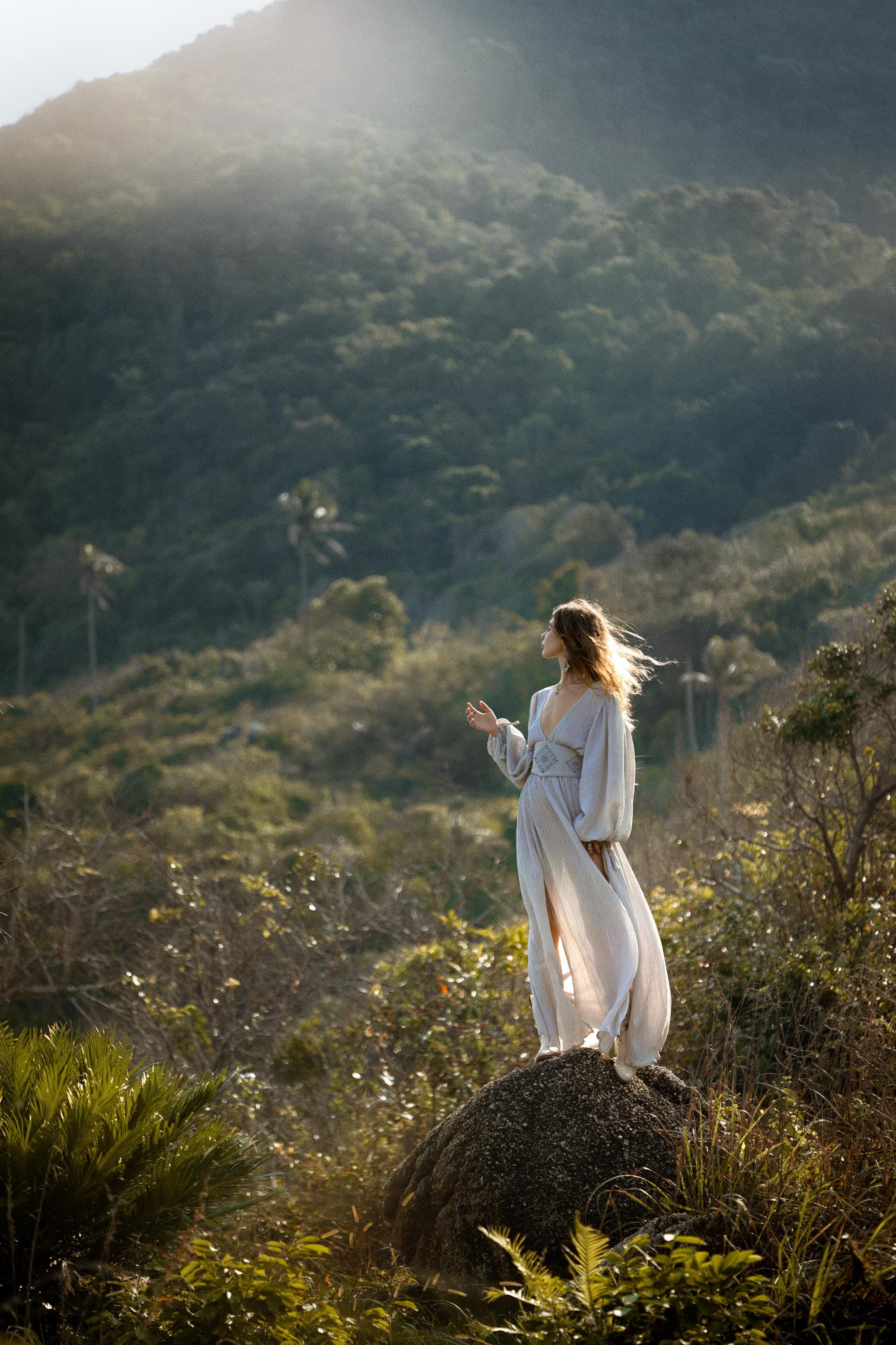 Tatva Sacred Kaftan Maxi Dress, Celestial Mist Blue, Botanically Dyed Linen Cotton, Boho V - Neck Hand Embroidered Natural Stone Belt - AYA SW IDR