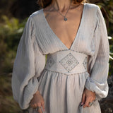 Tatva Sacred Kaftan Maxi Dress, Celestial Mist Blue, Botanically Dyed Linen Cotton, Boho V - Neck Hand Embroidered Natural Stone Belt - AYA SW IDR