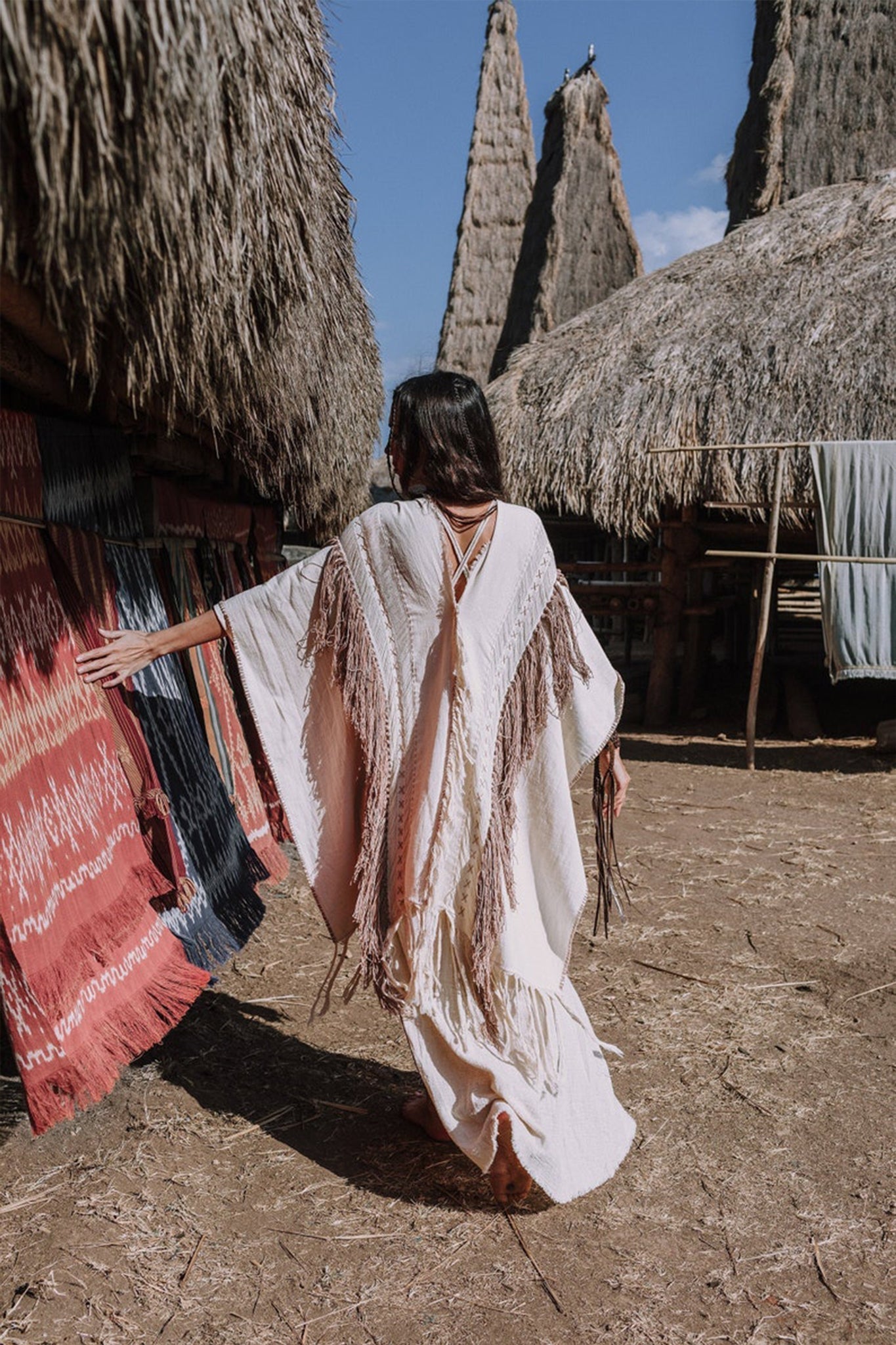 Unique Off - White Boho Poncho with Hand Loomed Tassels - AYA SW IDR