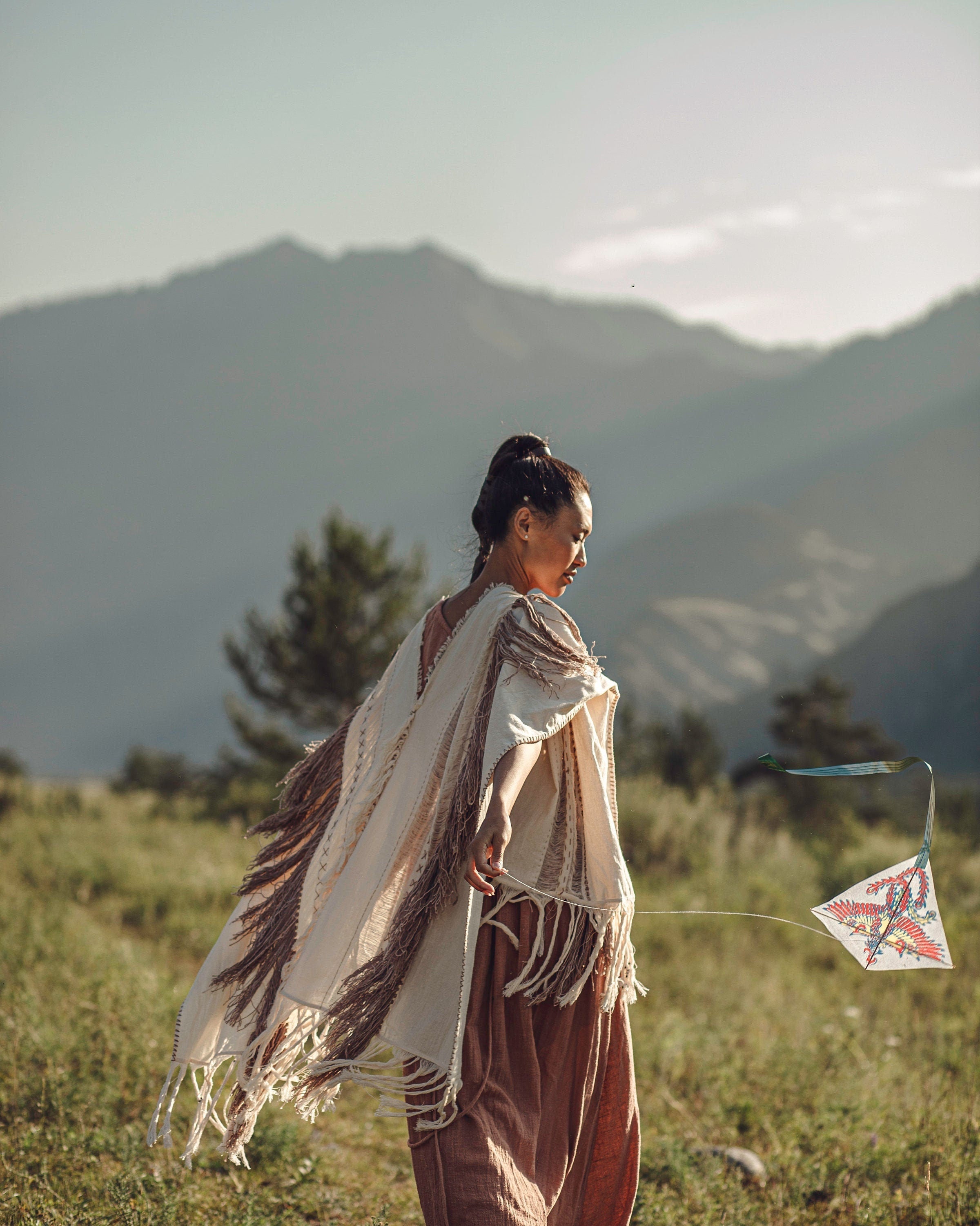 Unique Off-White Boho Poncho with Hand Loomed Tassels - AYA SW IDR