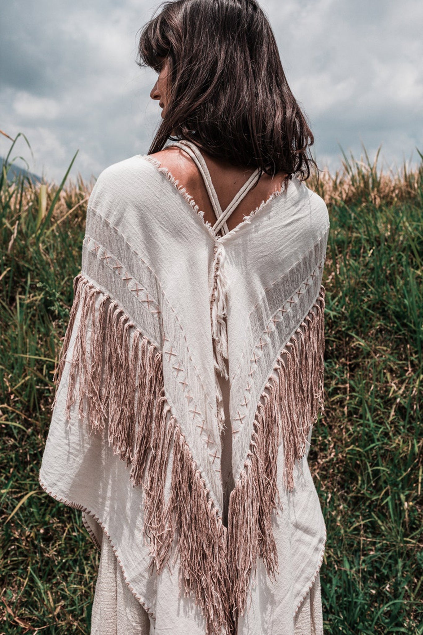 Unique Off - White Boho Poncho with Hand Loomed Tassels - AYA SW IDR