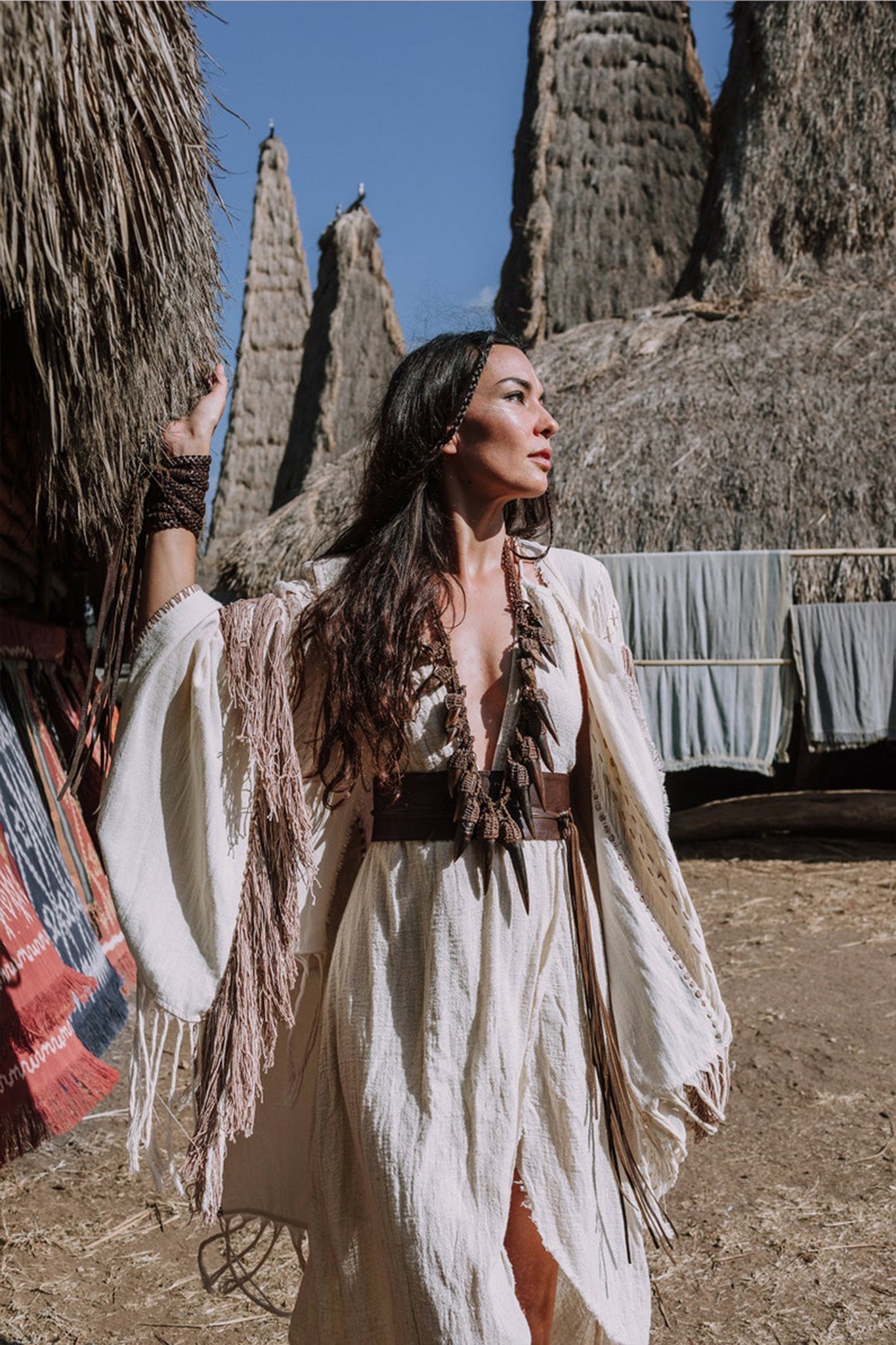 Unique Off - White Boho Poncho with Hand Loomed Tassels - AYA SW IDR