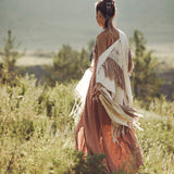 Unique Off-White Boho Poncho with Hand Loomed Tassels - AYA SW IDR