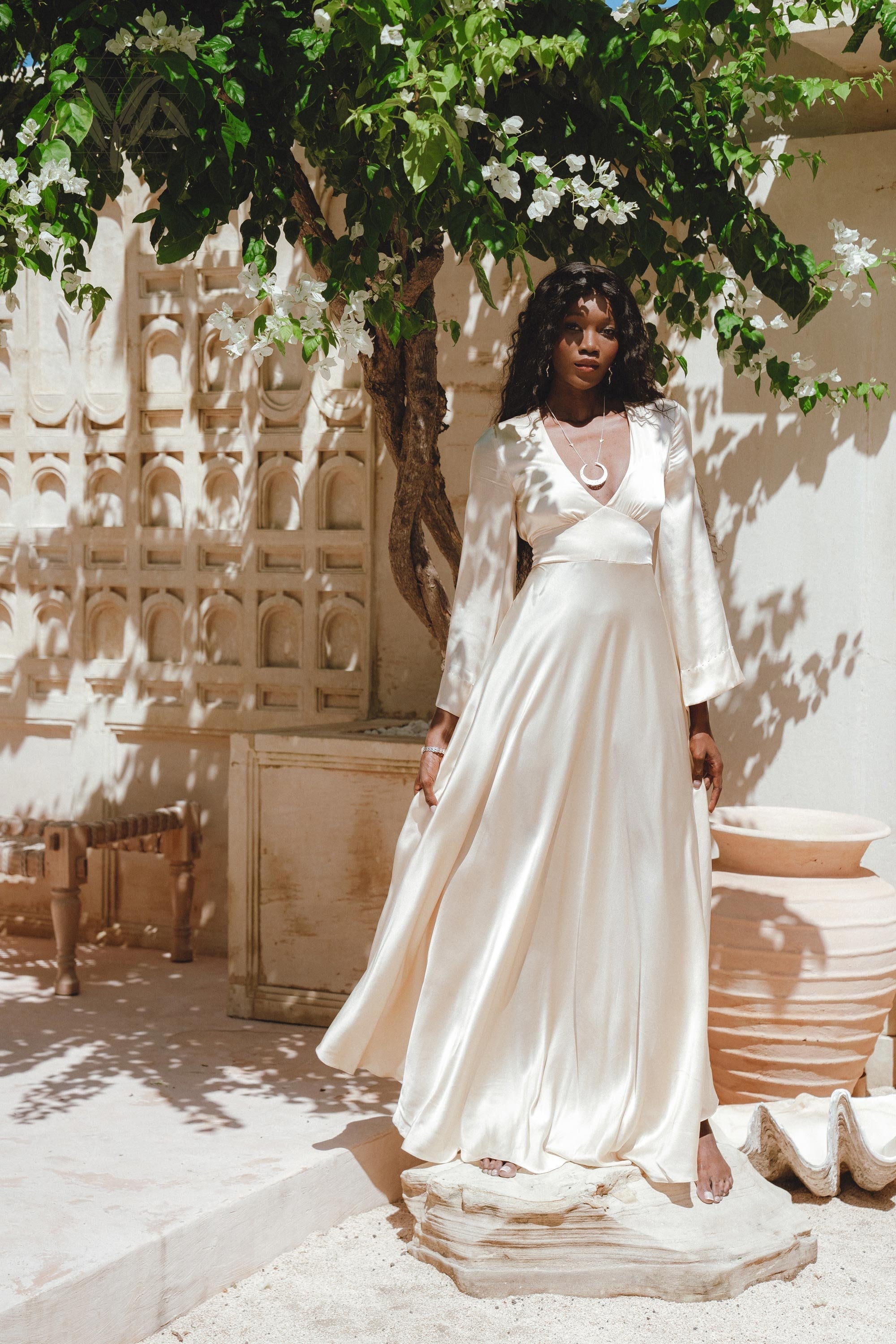 Vanilla Cream Sundari Silk Gown • Boho Open Back Fairy Tale Dress • Boho Bridal Dress - AYA SW IDR