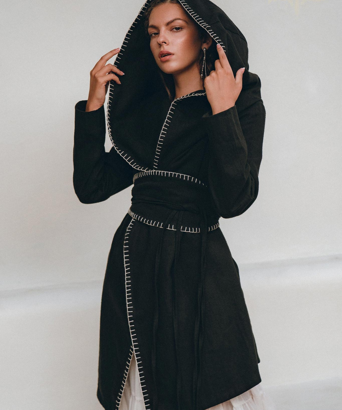 Warm Boho Hoody Cardigan for Women • Black Boho Overcoat • Belted Wrap Cardigan - AYA SW IDR