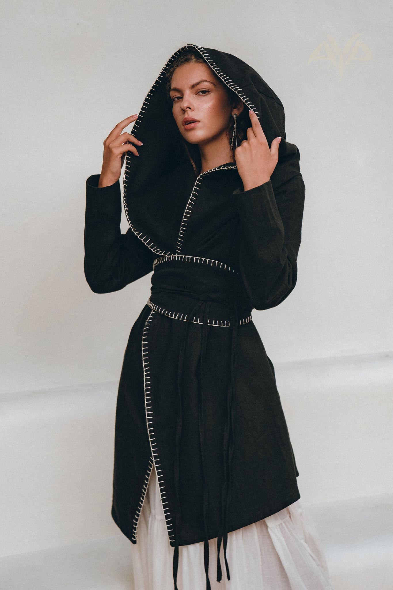 Warm Boho Hoody Cardigan for Women • Black Boho Overcoat • Belted Wrap Cardigan - AYA SW IDR