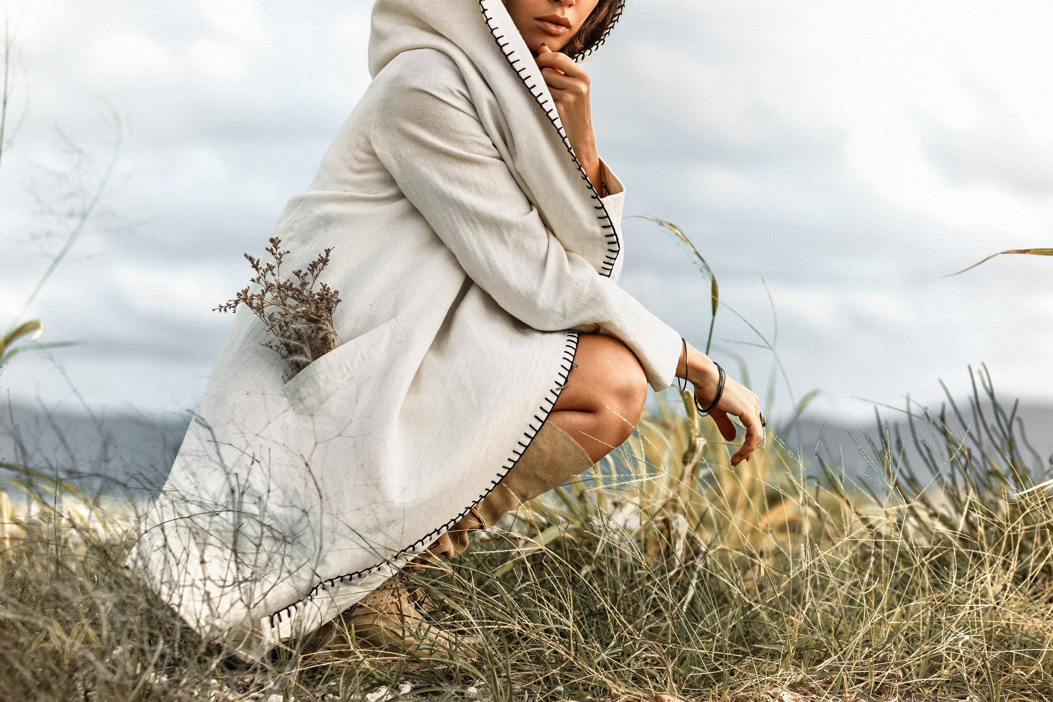 Warm Boho Hoody Cardigan for Women • Off - White Belted Wrap Cardigan - AYA SW IDR
