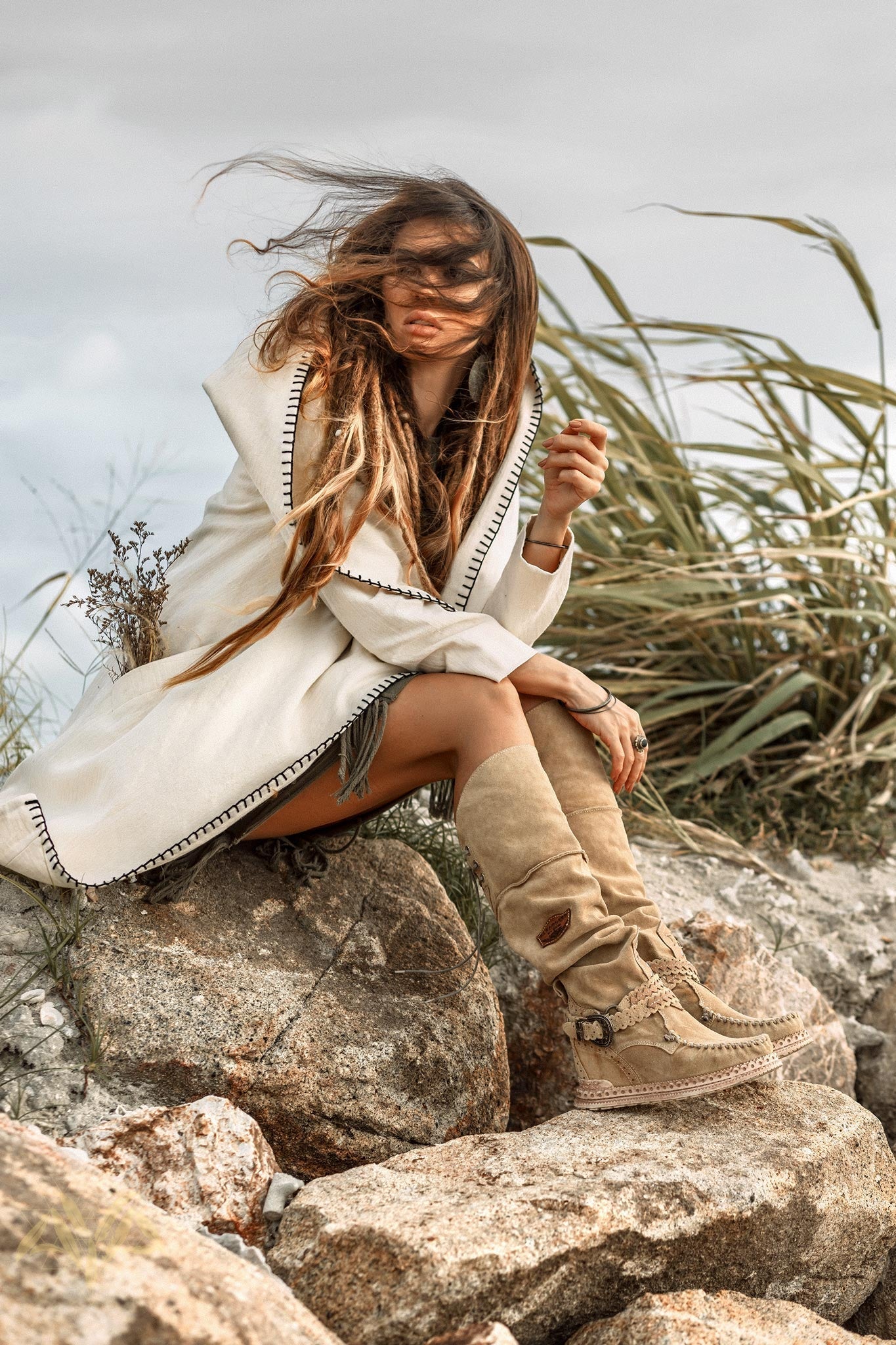 Warm Boho Hoody Cardigan for Women • Off - White Belted Wrap Cardigan - AYA SW IDR