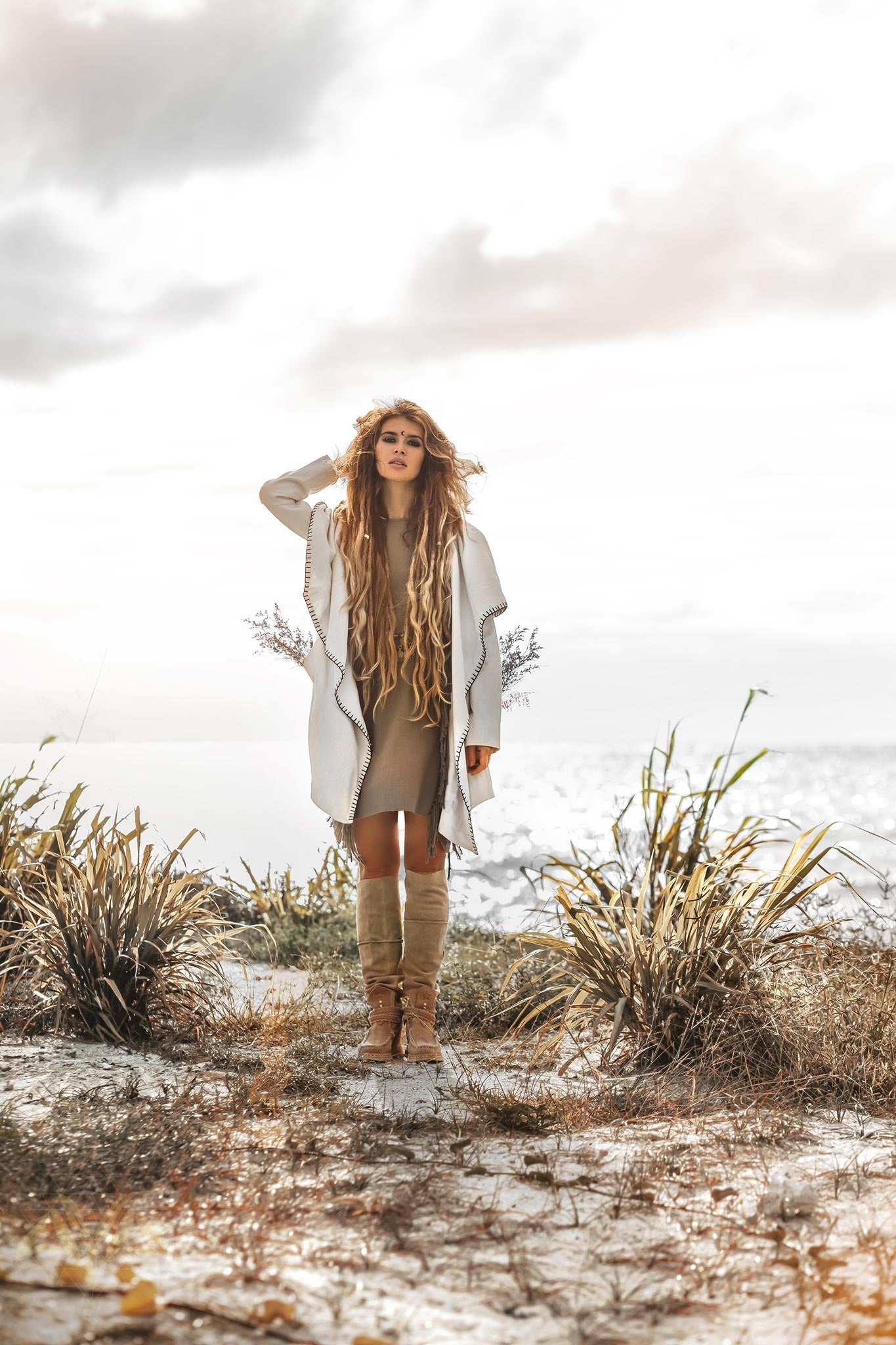 Warm Boho Hoody Cardigan for Women • Off - White Belted Wrap Cardigan - AYA SW IDR